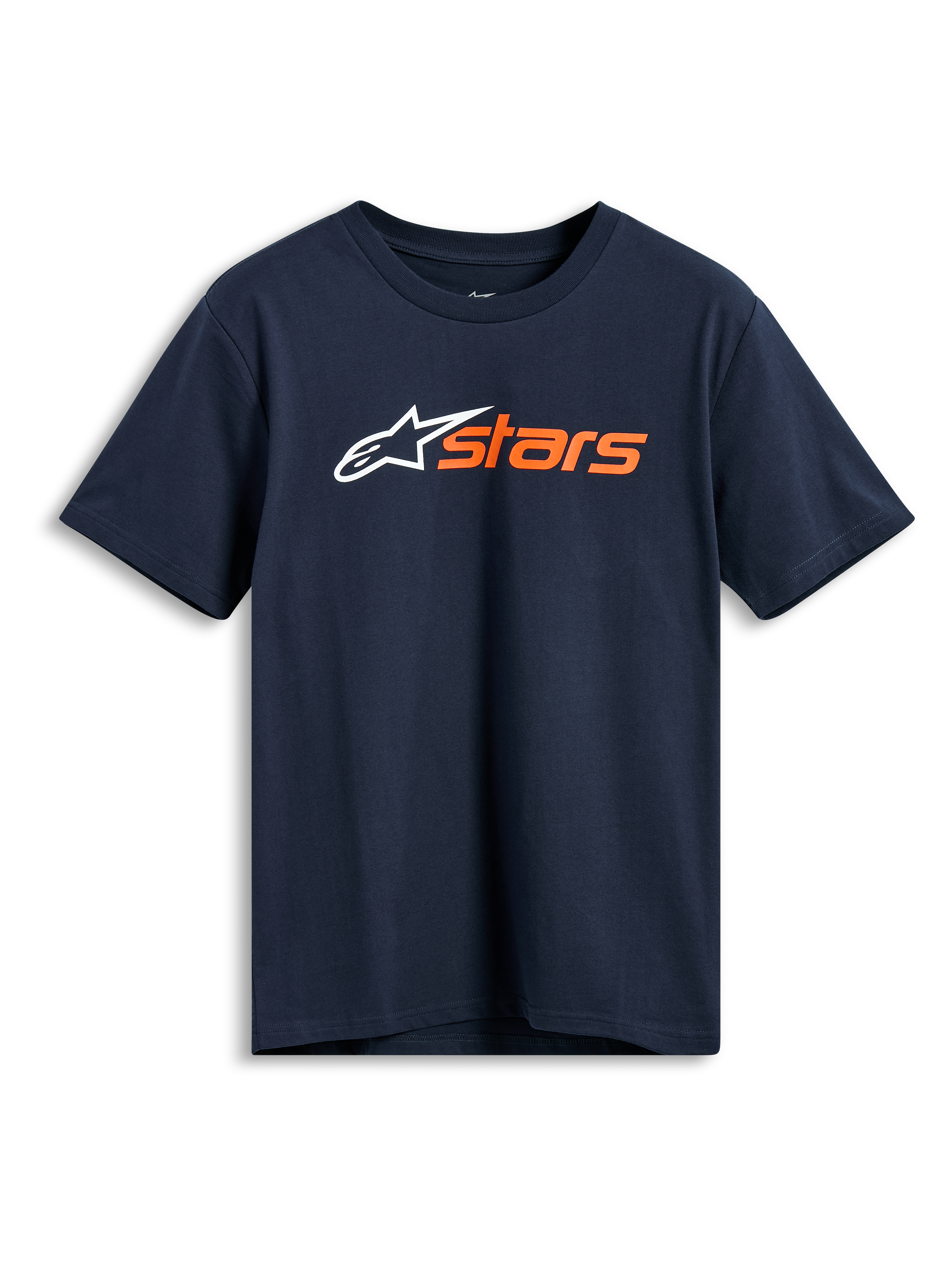 Alpinestars Blaze 2.0 CSF Tee, T-shirt met korte mouwen, marineblauw, wit Alpinestars-logo en oranje 'stars' op de borst, casual motorsport sportkleding