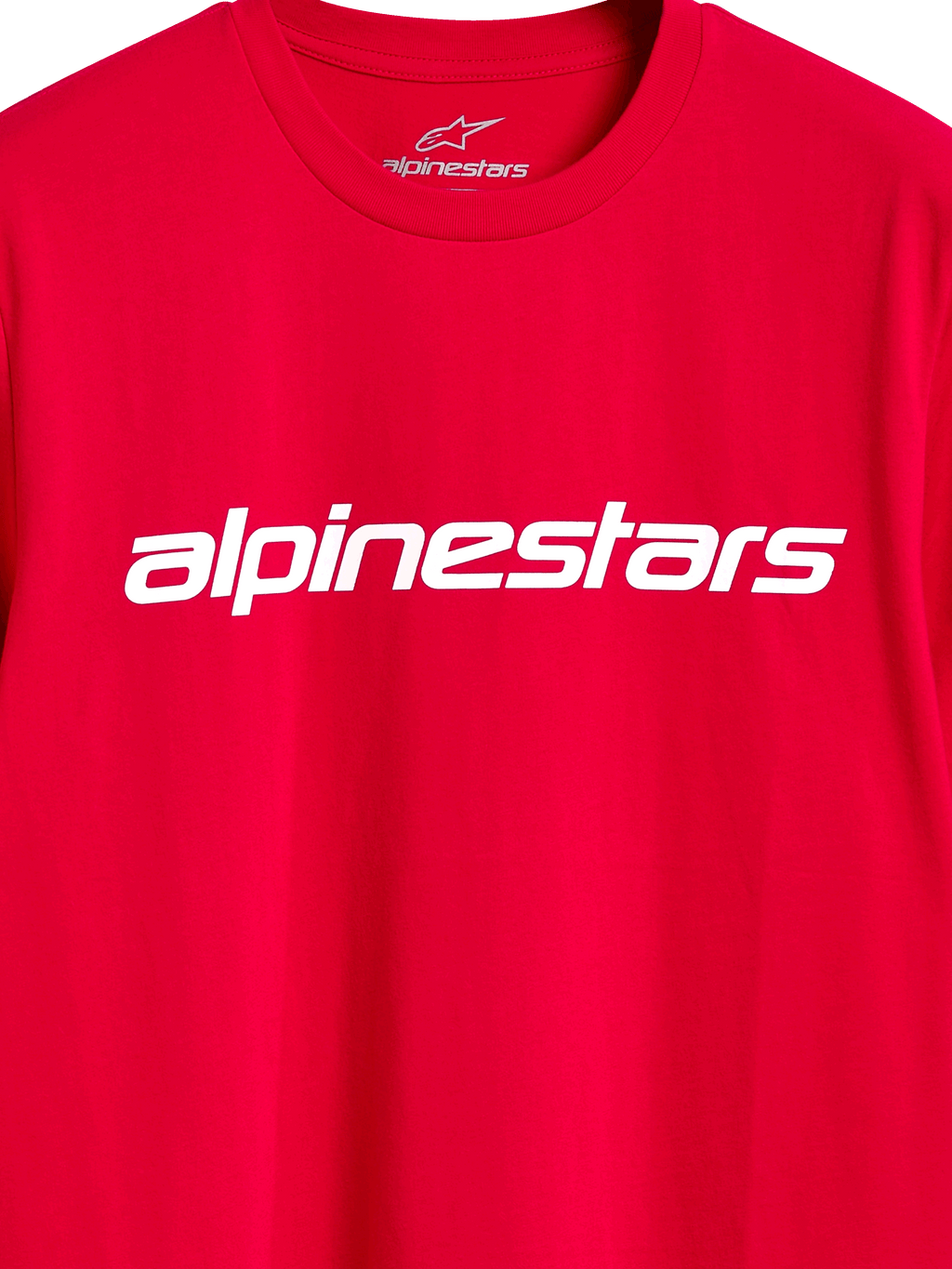 Alpinestars Linear Wordmark 2.0 CSF Tee, T-shirt met korte mouwen, rood, wit lineair Alpinestars-woordmerk op de borst, interne nekprint, casual motorsport streetwear