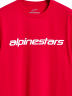 Alpinestars Linear Wordmark 2.0 CSF Tee, T-shirt met korte mouwen, rood, wit lineair Alpinestars-woordmerk op de borst, interne nekprint, casual motorsport streetwear