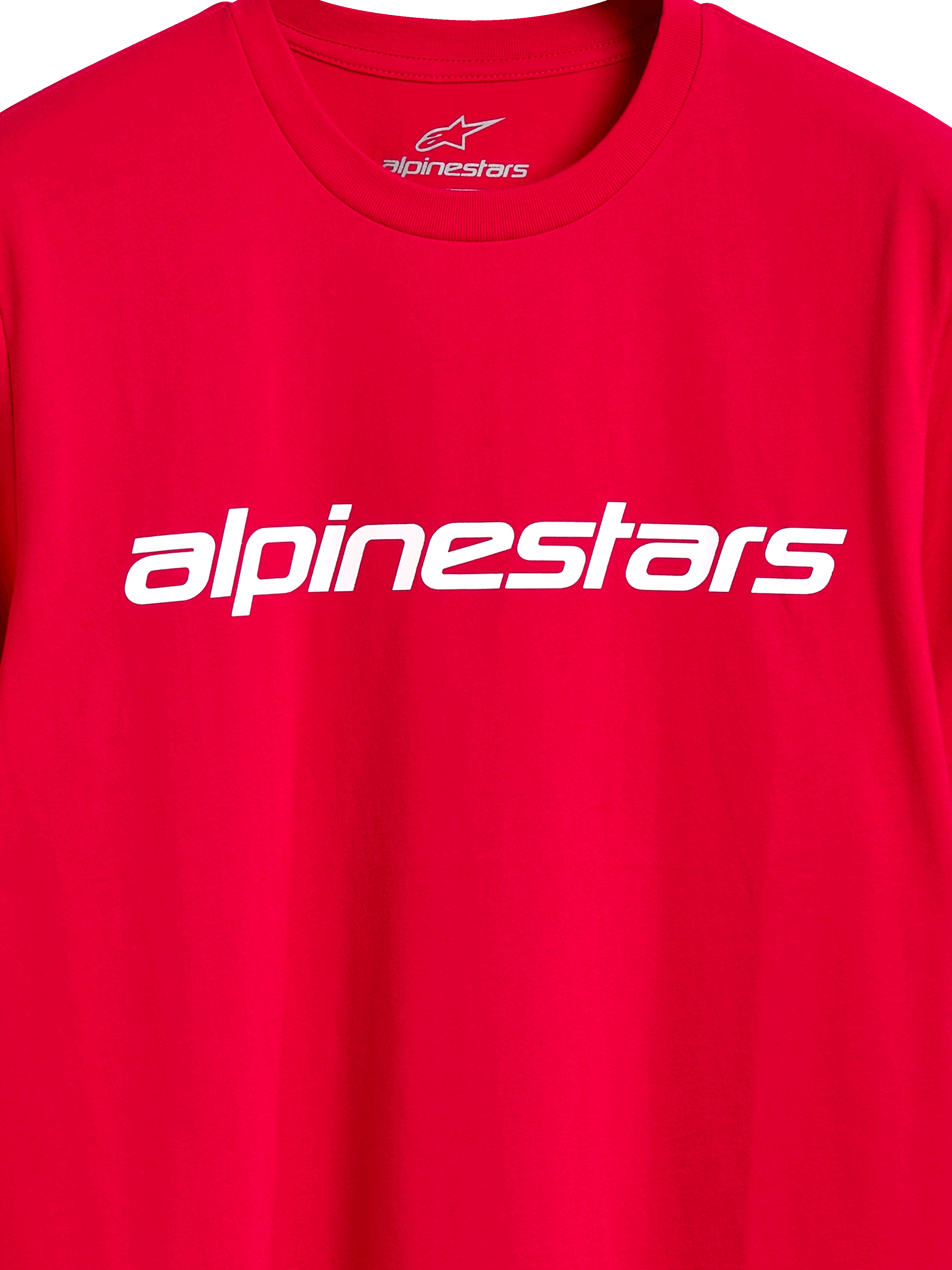 Alpinestars Linear Wordmark 2.0 CSF Tee, T-shirt met korte mouwen, rood, wit lineair Alpinestars-woordmerk op de borst, interne nekprint, casual motorsport streetwear