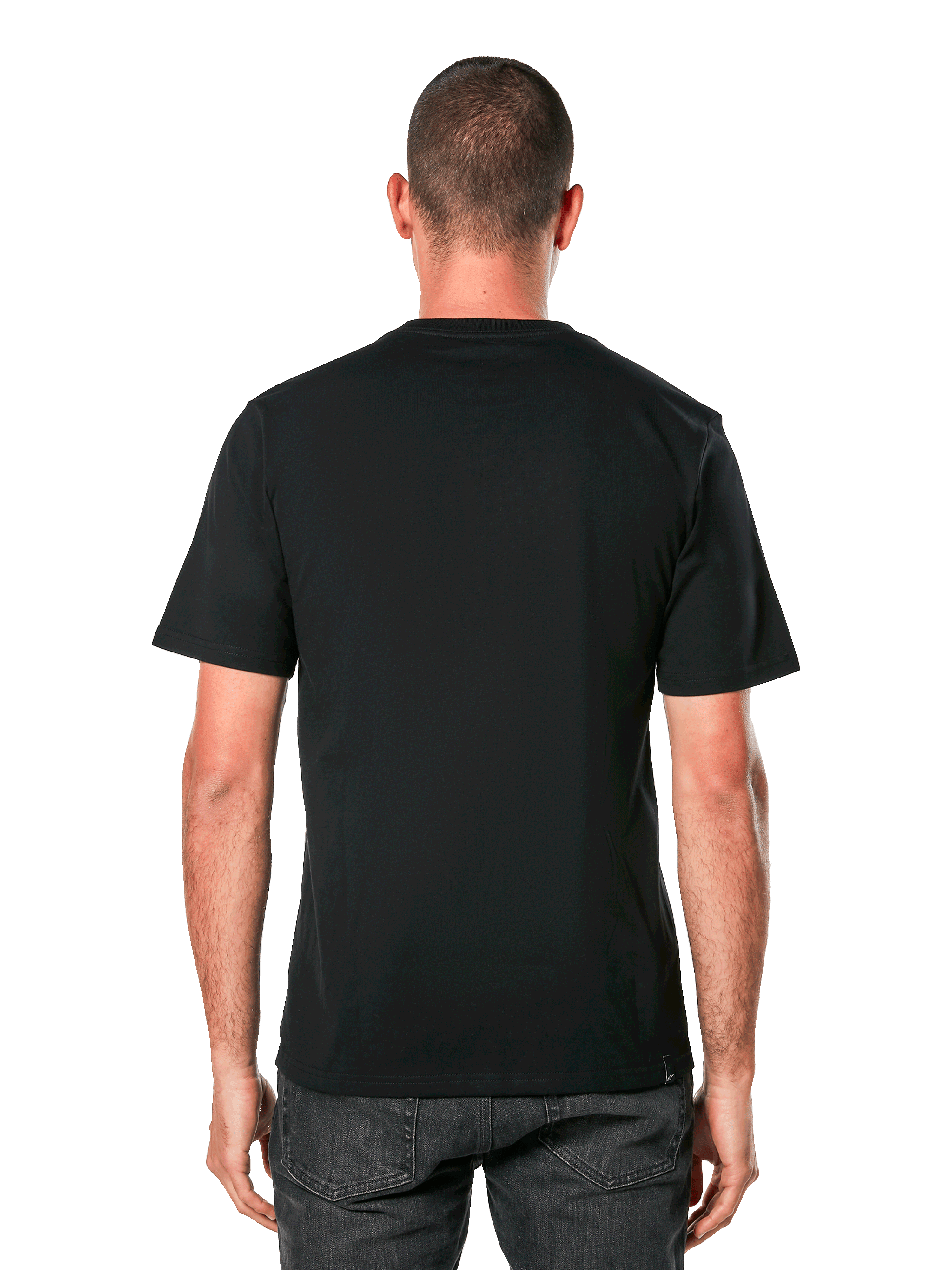T-shirt Alpinestars Ride 4.0 CSF, vue de dos, t-shirt noir à manches courtes, vêtement de sport décontracté d'inspiration sport automobile, porté par un homme avec un jean foncé
