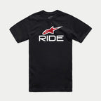 Alpinestars Ride 4.0 CSF Tee, t-shirt à manches courtes, noir, logo Alpinestars rouge et texte RIDE blanc, vêtement streetwear décontracté
