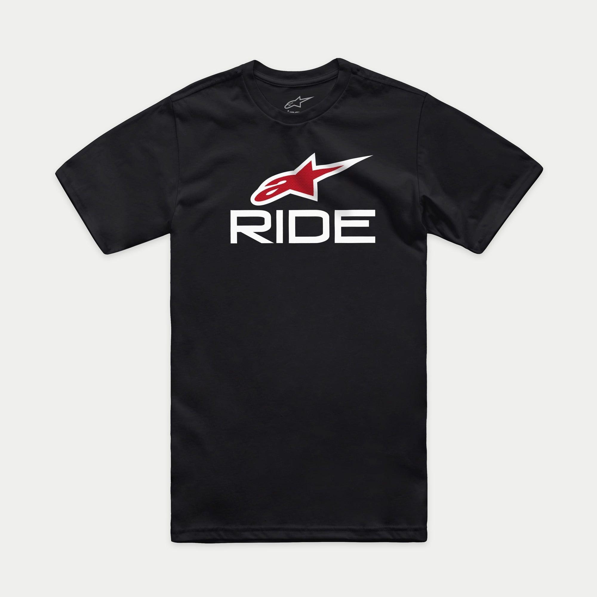 Alpinestars Ride 4.0 CSF Tee, t-shirt à manches courtes, noir, logo Alpinestars rouge et texte RIDE blanc, vêtement streetwear décontracté