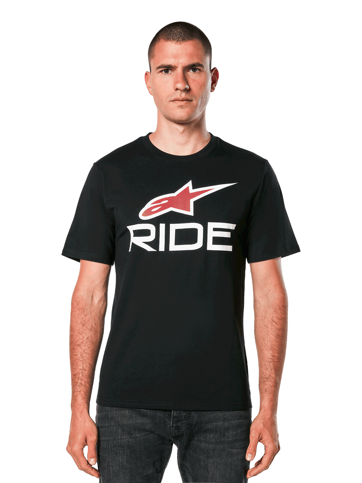 Alpinestars Ride 4.0 CSF t-shirt, zwart t-shirt met korte mouwen met rood sterlogo en witte RIDE-tekst, casual motorsportkleding voor heren