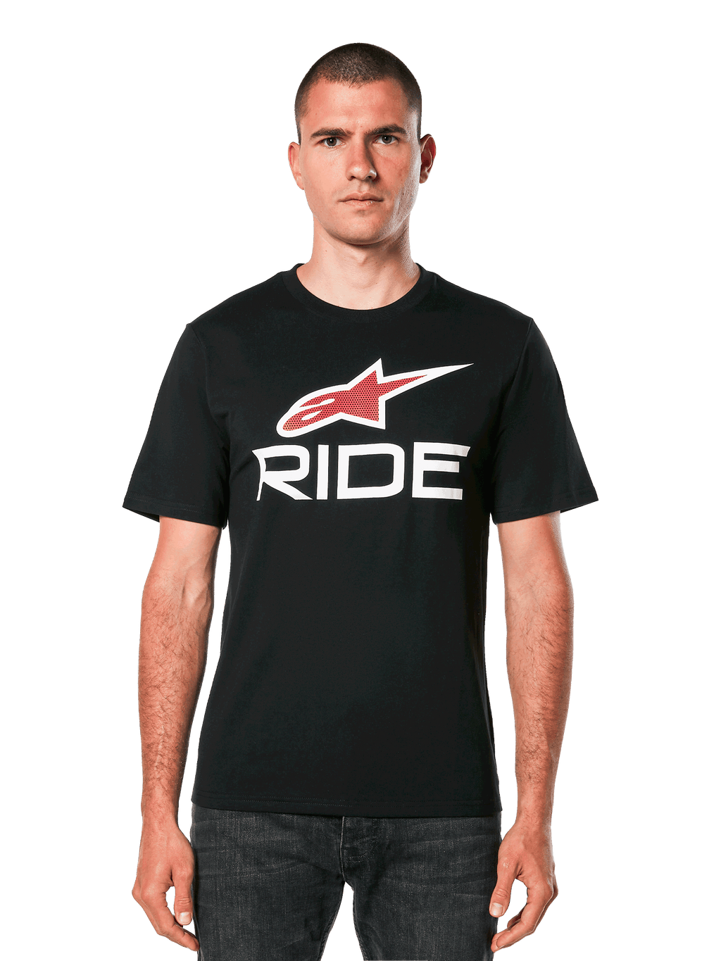 Alpinestars Ride 4.0 CSF Tee, t-shirt noir à manches courtes avec logo étoile rouge et texte "RIDE" blanc, vêtement de sport automobile décontracté pour homme