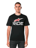 Alpinestars Ride 4.0 CSF Tee, t-shirt noir à manches courtes avec logo étoile rouge et texte "RIDE" blanc, vêtement de sport automobile décontracté pour homme