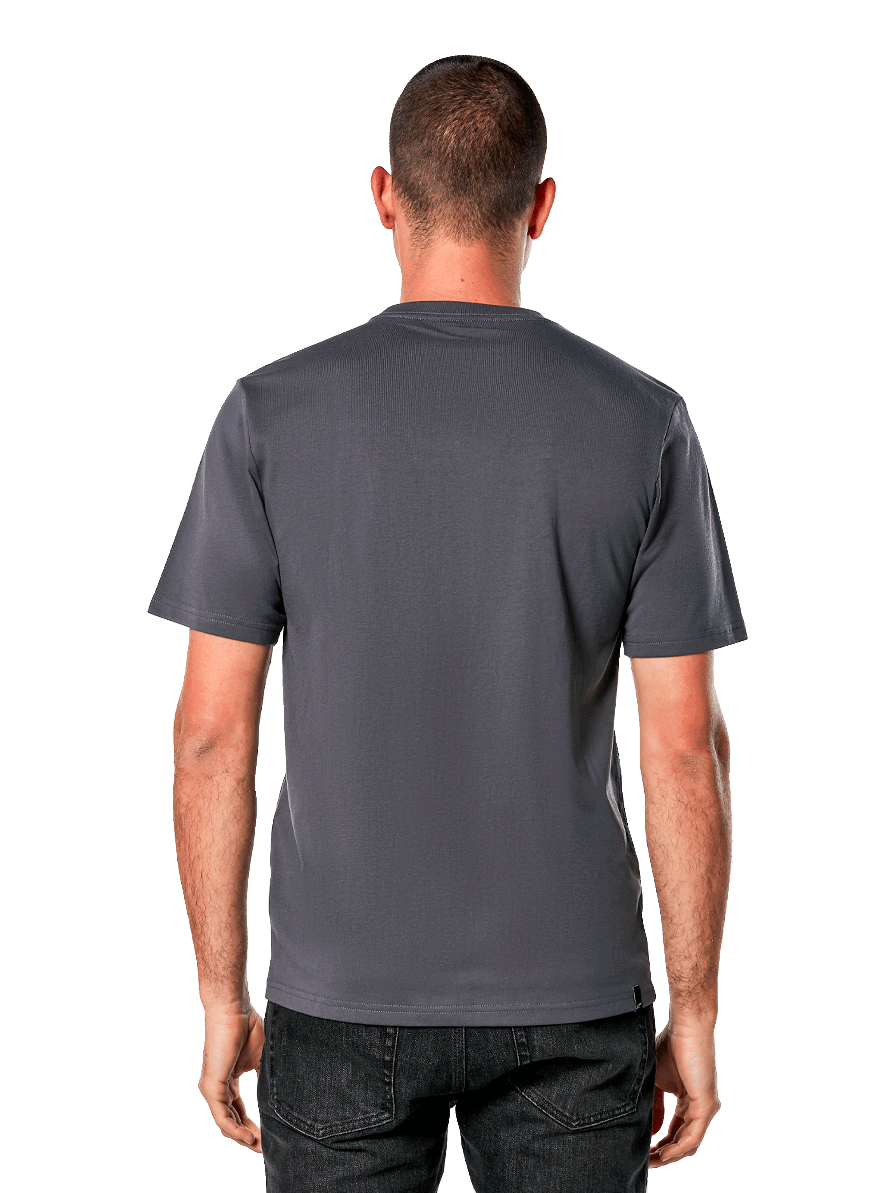 T-shirt Alpinestars Ride 4.0 CSF, vue de dos, t-shirt à manches courtes anthracite, design uni au dos avec coupe cousue, porté avec un jean noir, streetwear décontracté inspiré des sports mécaniques