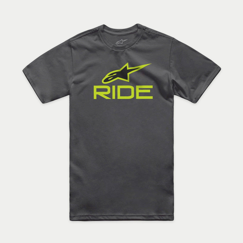 Alpinestars Ride 4.0 CSF Tee, t-shirt à manches courtes, gris anthracite, logo Astars vert citron et noir avec texte RIDE, vêtement de sport automobile décontracté