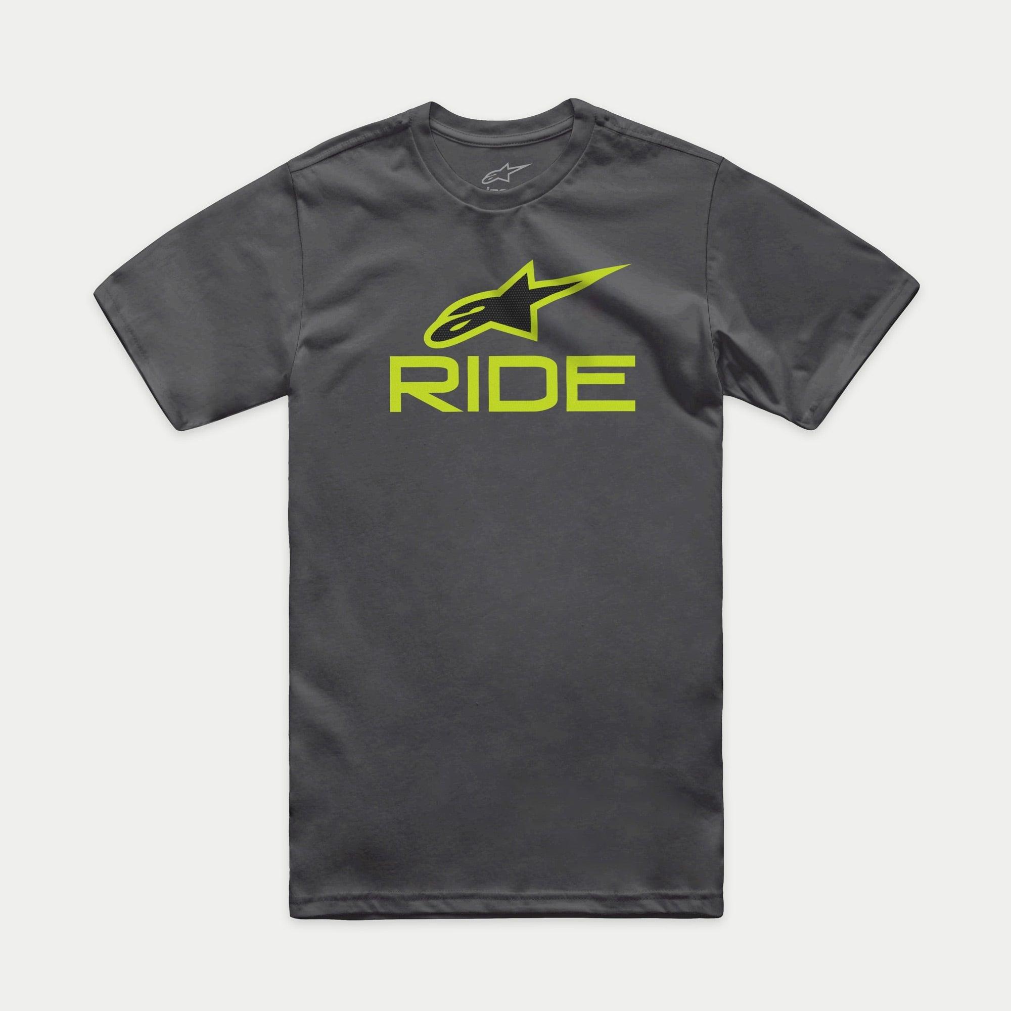 Alpinestars Ride 4.0 CSF Tee, t-shirt à manches courtes, gris anthracite, logo Astars vert citron et noir avec texte RIDE, vêtement de sport automobile décontracté