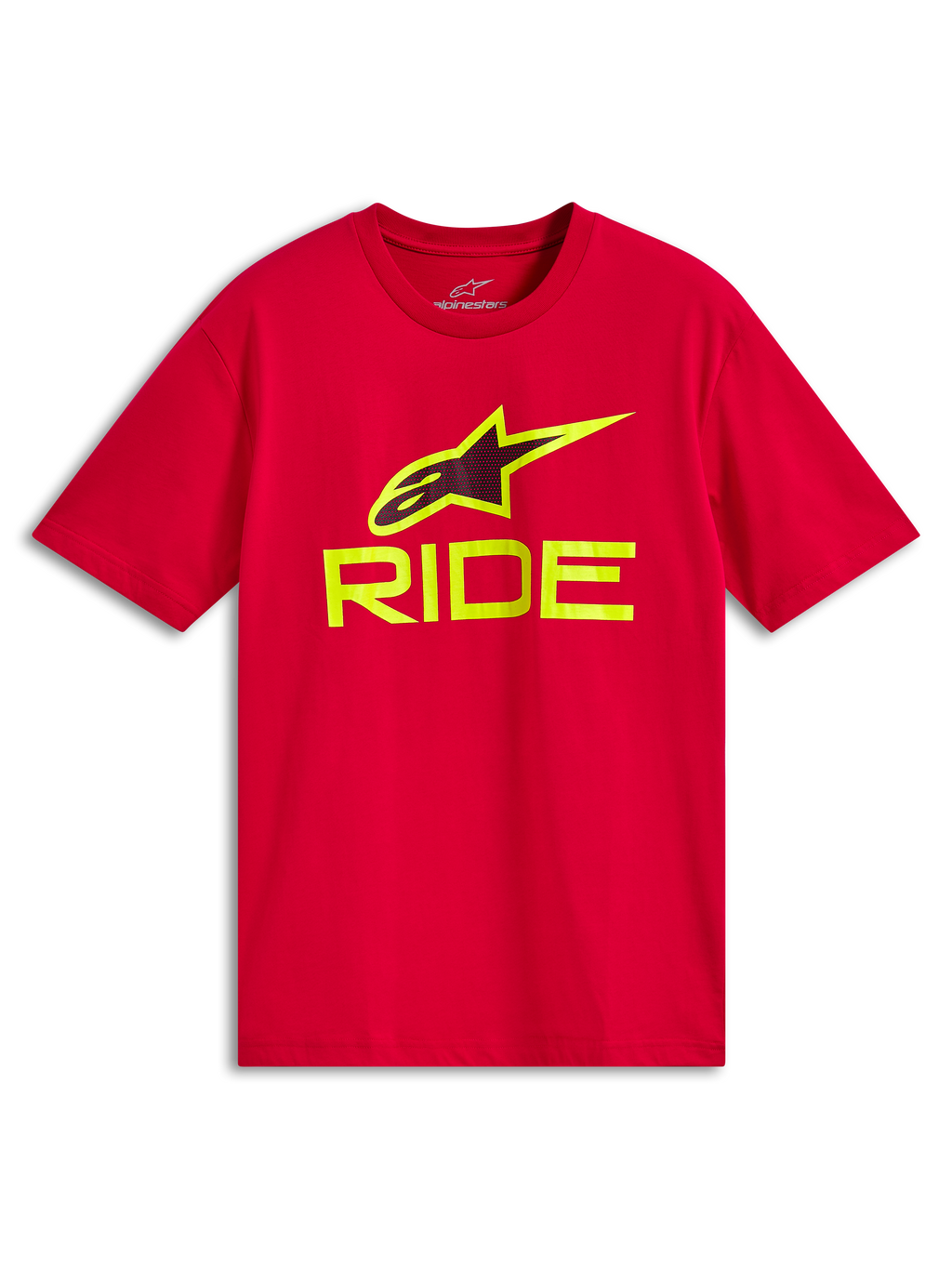 Alpinestars Ride 4.0 CSF Tee, T-shirt met korte mouwen, rood, Hi-Vis gele RIDE-tekst en A-star logo, casual motorsport sportkleding