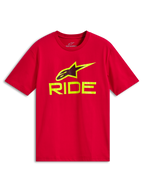 Alpinestars Ride 4.0 CSF Tee, T-shirt met korte mouwen, rood, Hi-Vis gele RIDE-tekst en A-star logo, casual motorsport sportkleding
