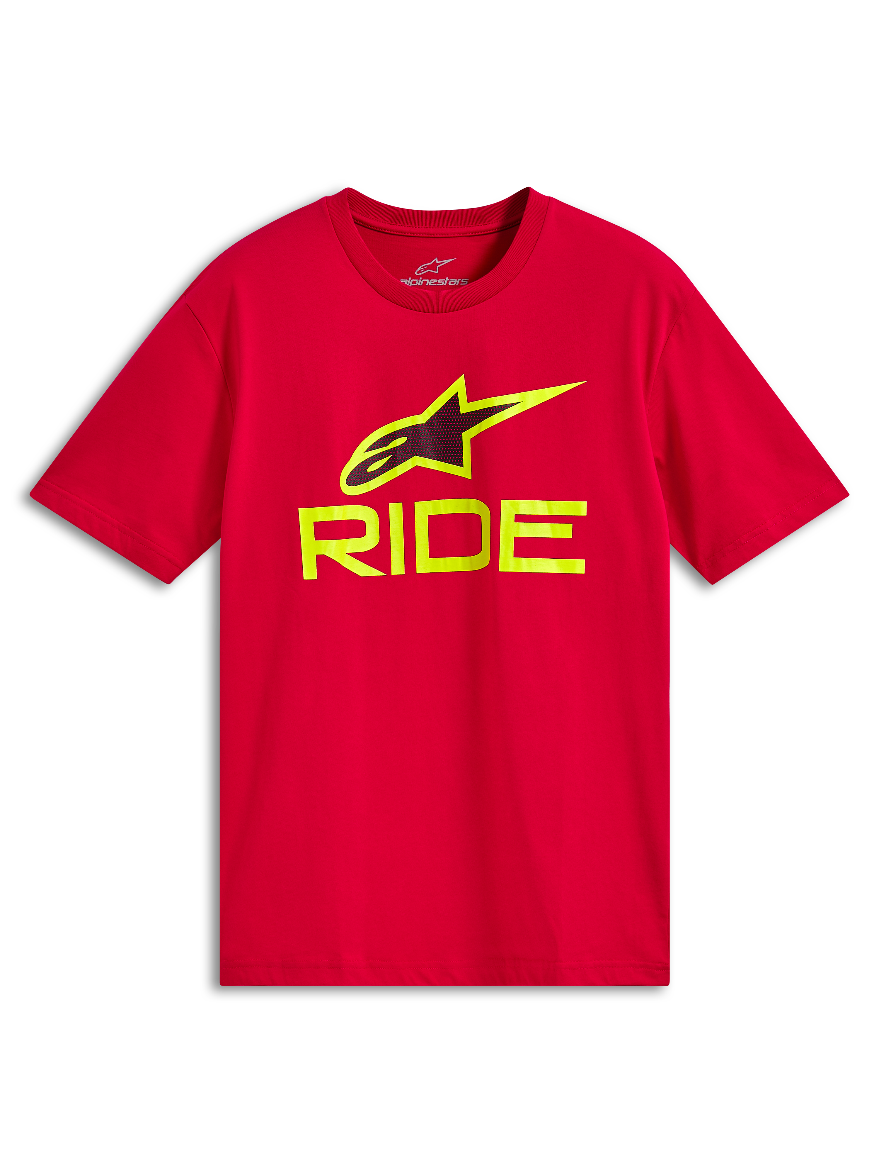 Alpinestars Ride 4.0 CSF Tee, T-shirt met korte mouwen, rood, Hi-Vis gele RIDE-tekst en A-star logo, casual motorsport sportkleding
