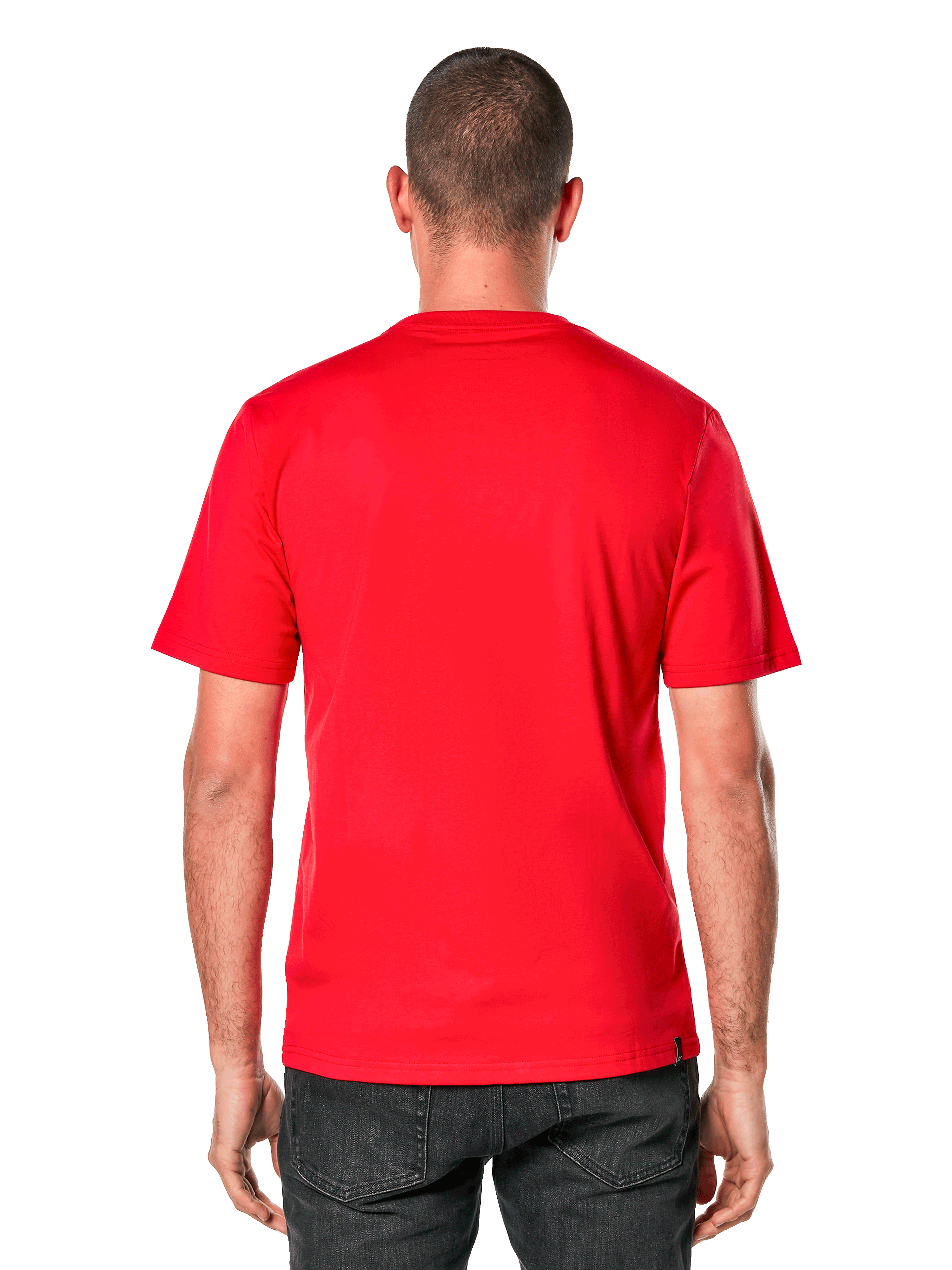 T-shirt Alpinestars Ride 4.0 CSF, t-shirt à manches courtes, rouge, vue de dos sur modèle, tissu rouge vif avec une petite étiquette de marque noire à l'ourlet, style streetwear décontracté inspiré des sports mécaniques