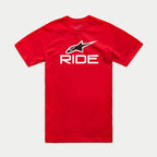 T-shirt Alpinestars Ride 4.0 CSF, t-shirt à manches courtes, rouge, graphisme RIDE blanc avec logo Alpinestars Star noir et blanc, vêtement de sport décontracté motorsport