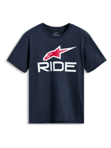 Alpinestars Ride 4.0 CSF Tee, Kurzarm-T-Shirt, Dunkelblau, rotes und weißes Astars-Logo mit weißer RIDE-Grafik, lässige Motorsport-Streetwear