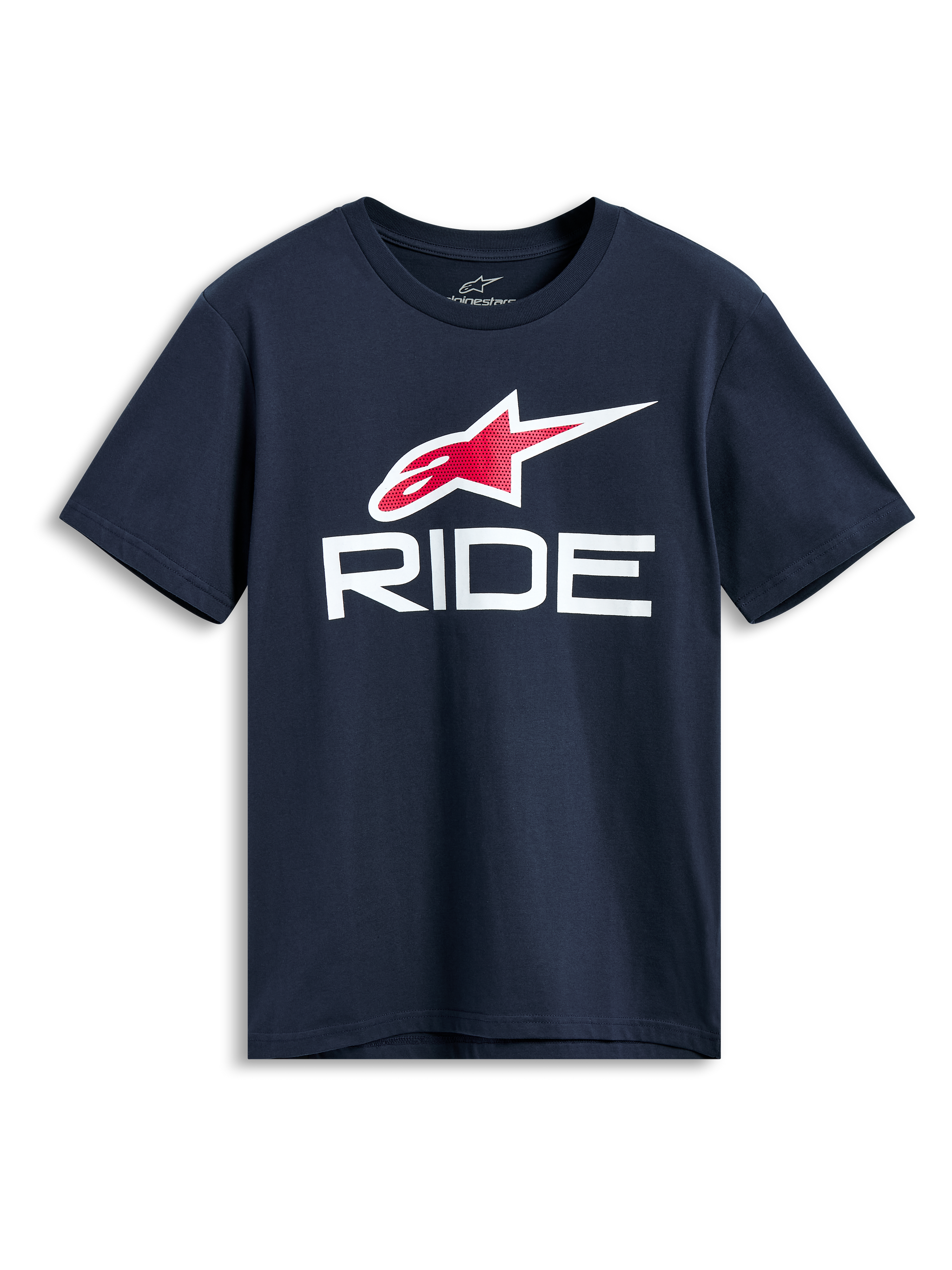 Alpinestars Ride 4.0 CSF Tee, Kurzarm-T-Shirt, Dunkelblau, rotes und weißes Astars-Logo mit weißer RIDE-Grafik, lässige Motorsport-Streetwear