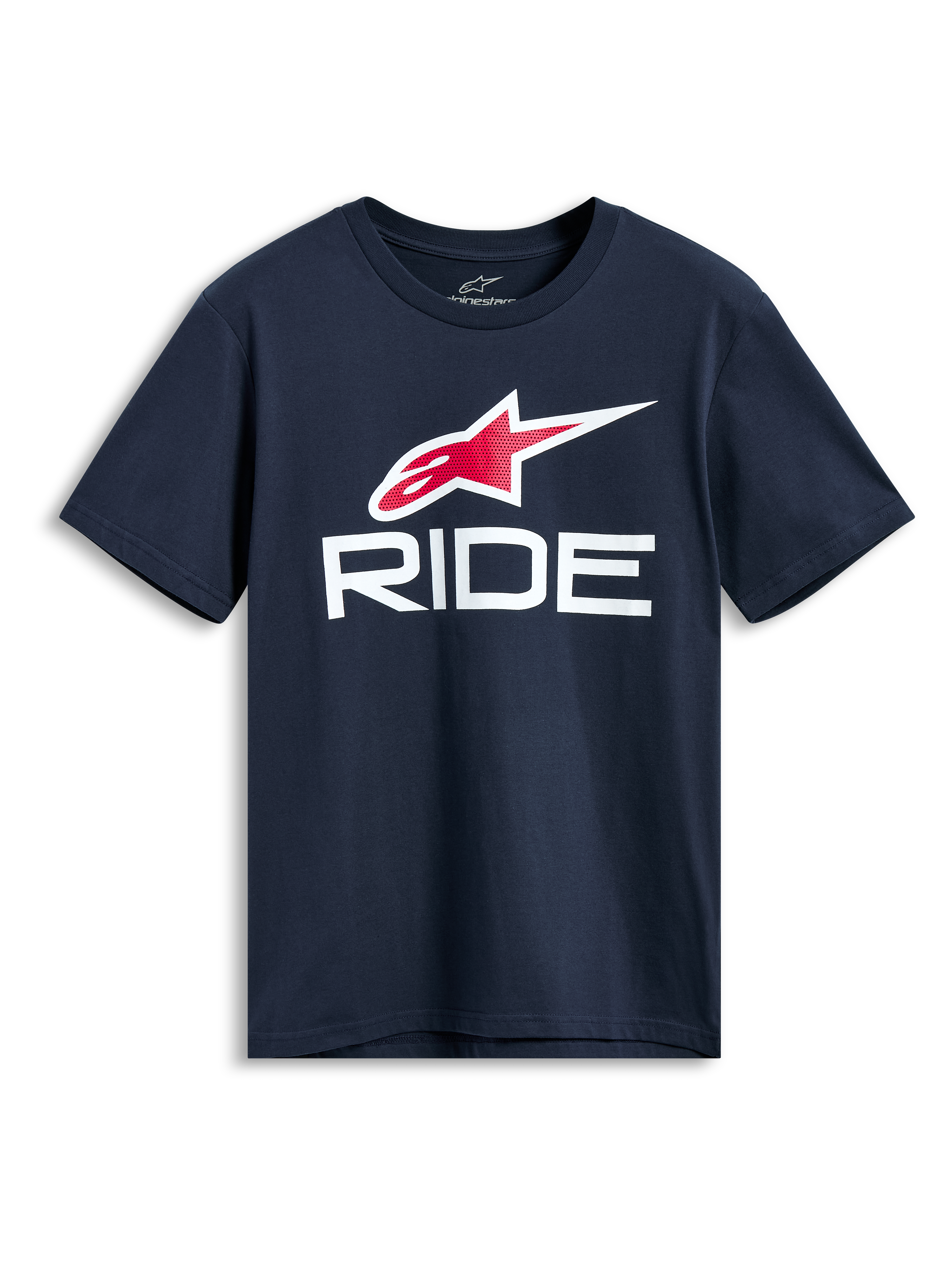 Alpinestars Ride 4.0 CSF Tee, Kurzarm-T-Shirt, Dunkelblau, rotes und weißes Astars-Logo mit weißer RIDE-Grafik, lässige Motorsport-Streetwear