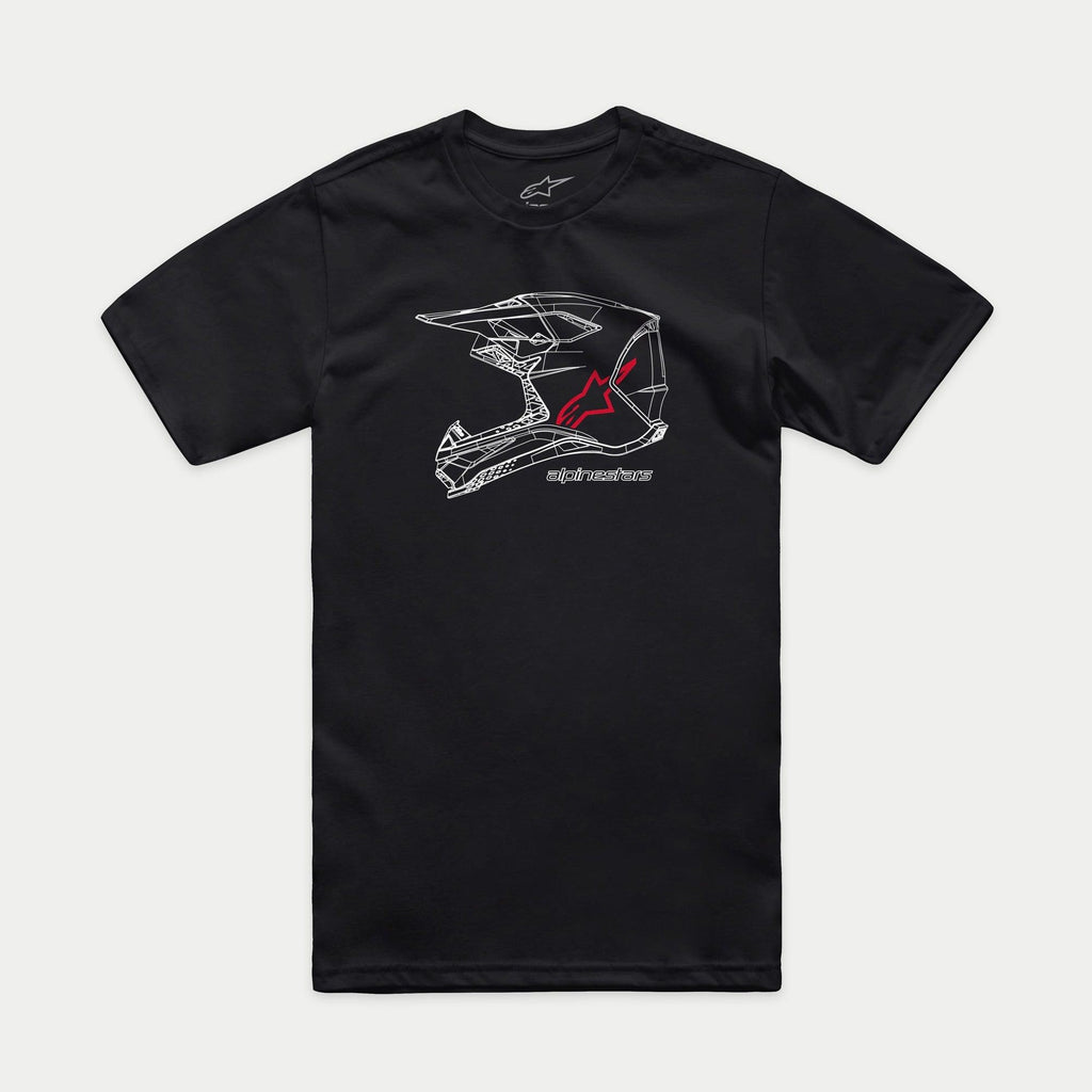 T-shirt Alpinestars MX Helmet CSF, t-shirt à manches courtes, noir, graphisme filaire blanc de casque MX avec logo et texte Alpinestars rouges, streetwear motorsport décontracté