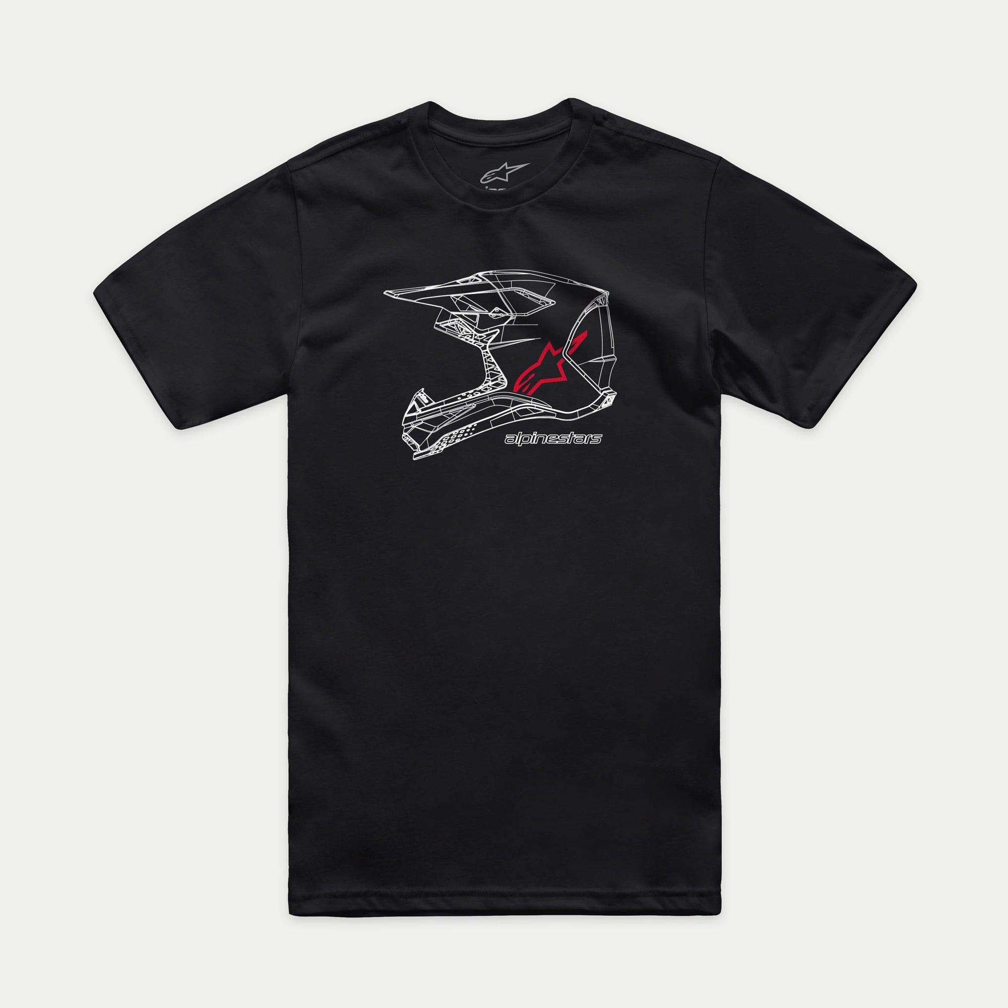 T-shirt Alpinestars MX Helmet CSF, t-shirt à manches courtes, noir, graphisme filaire blanc de casque MX avec logo et texte Alpinestars rouges, streetwear motorsport décontracté