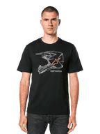 T-shirt Alpinestars MX Helmet CSF, t-shirt à manches courtes, noir, graphisme géométrique de casque de motocross blanc avec logo étoile orange, style streetwear décontracté pour sports mécaniques