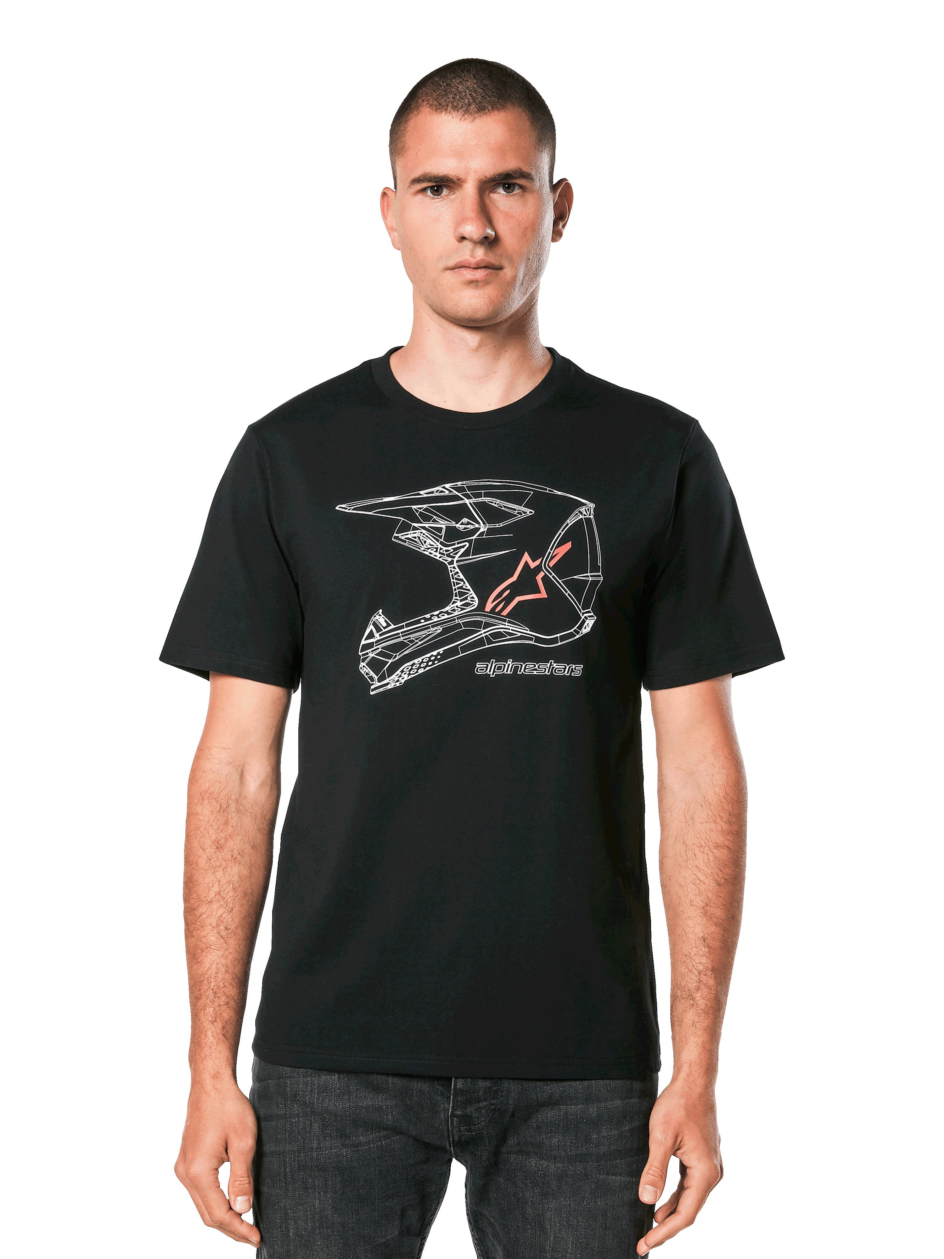 T-shirt Alpinestars MX Helmet CSF, t-shirt à manches courtes, noir, graphisme géométrique de casque de motocross blanc avec logo étoile orange, style streetwear décontracté pour sports mécaniques