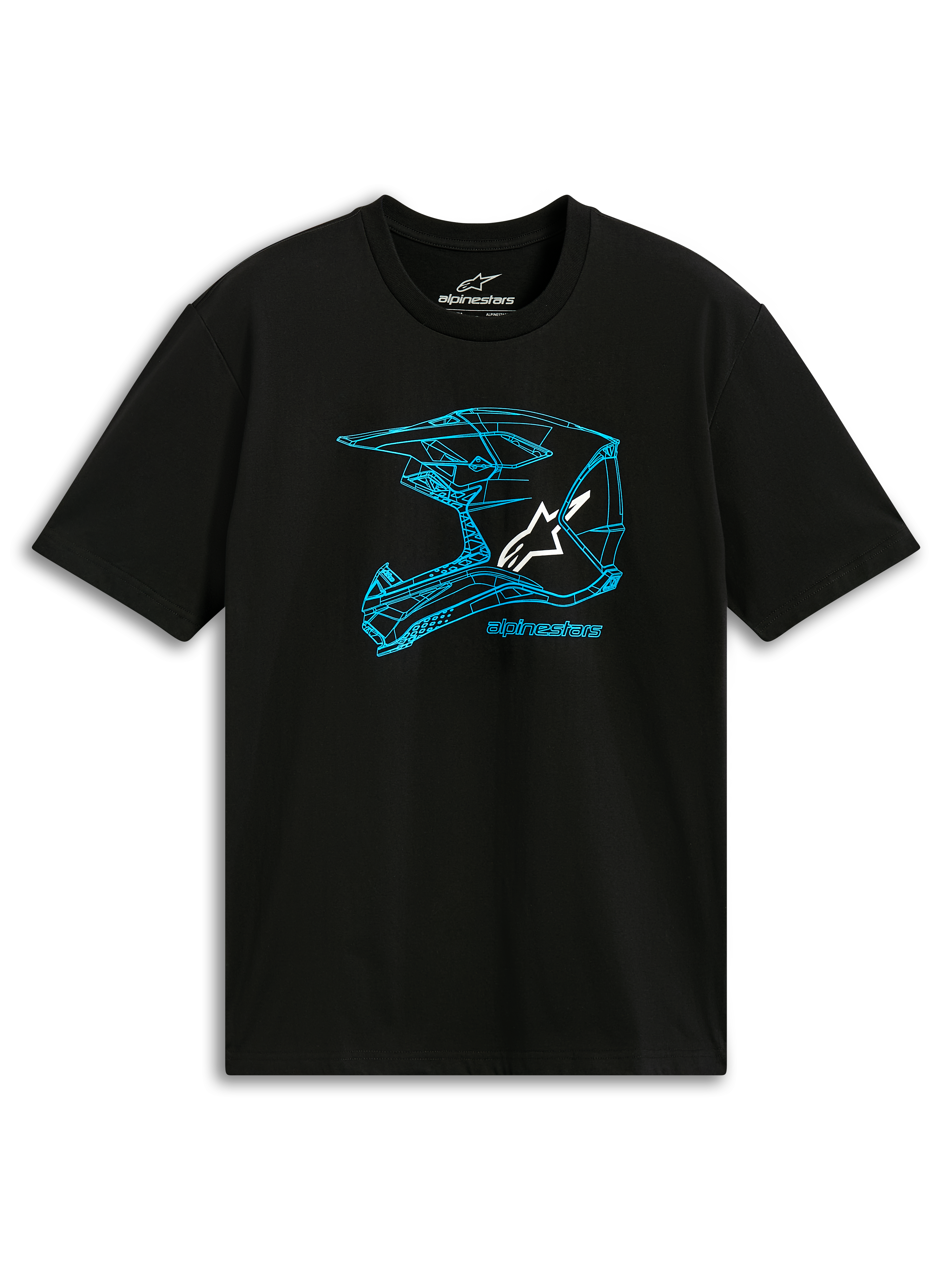 Alpinestars CSF Tee, t-shirt à manches courtes, noir et bleu, motif contour de casque MX bleu avec logo blanc, vêtement de sport casual motorsport