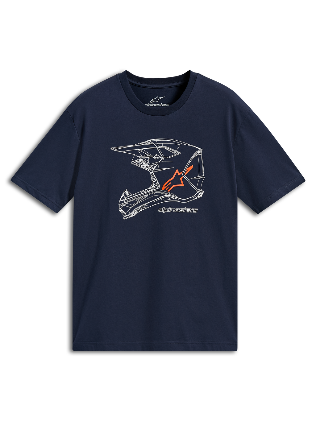 Alpinestars MX Helmet CSF Tee, T-shirt met korte mouwen, donkerblauw, witte MX-helm lijntekening met oranje logo, casual motorsport sportkleding