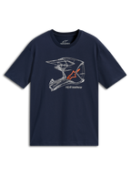 Alpinestars MX Helmet CSF Tee, T-shirt met korte mouwen, donkerblauw, witte MX-helm lijntekening met oranje logo, casual motorsport sportkleding