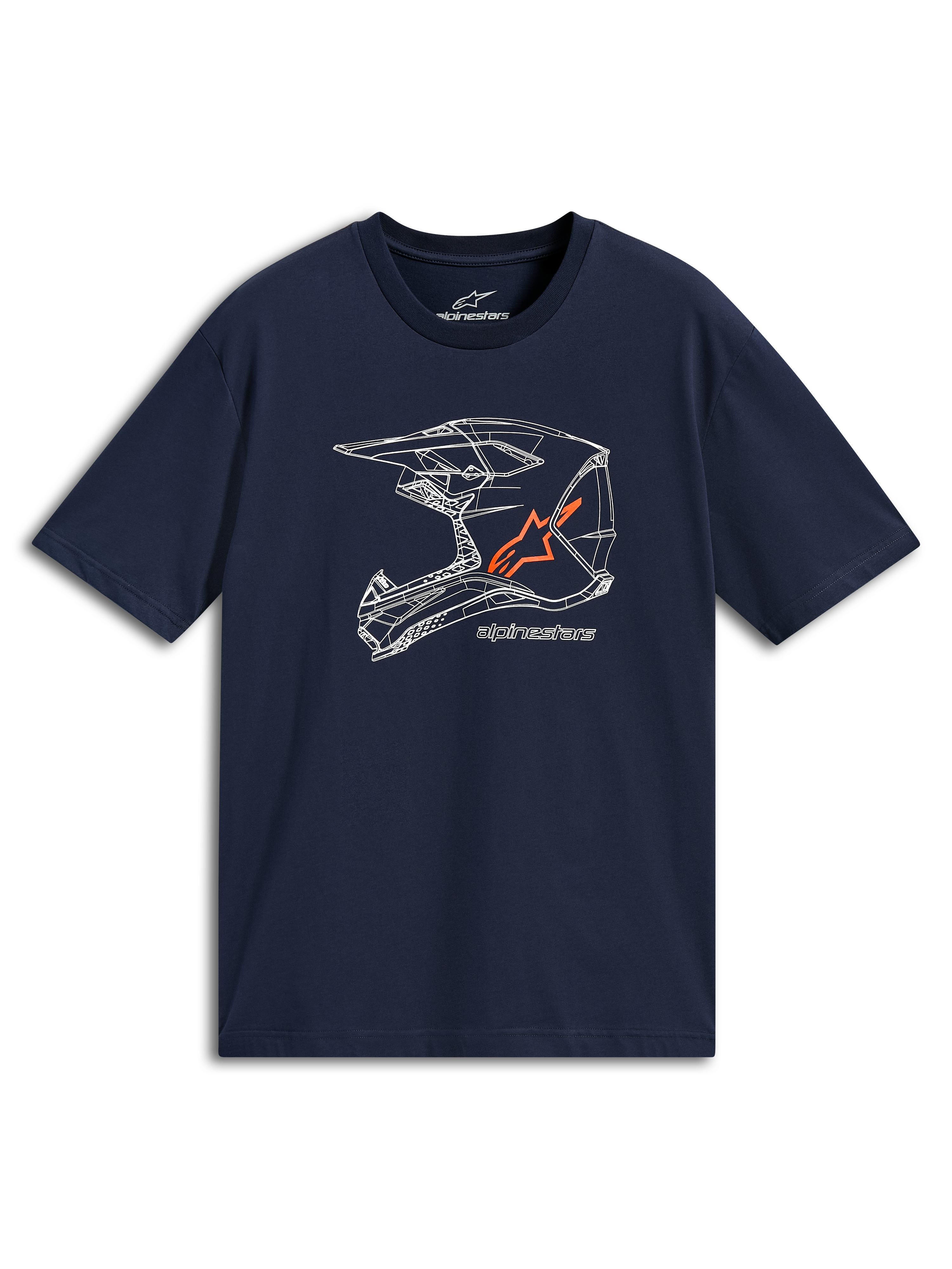 Alpinestars MX Helmet CSF Tee, T-shirt met korte mouwen, donkerblauw, witte MX-helm lijntekening met oranje logo, casual motorsport sportkleding