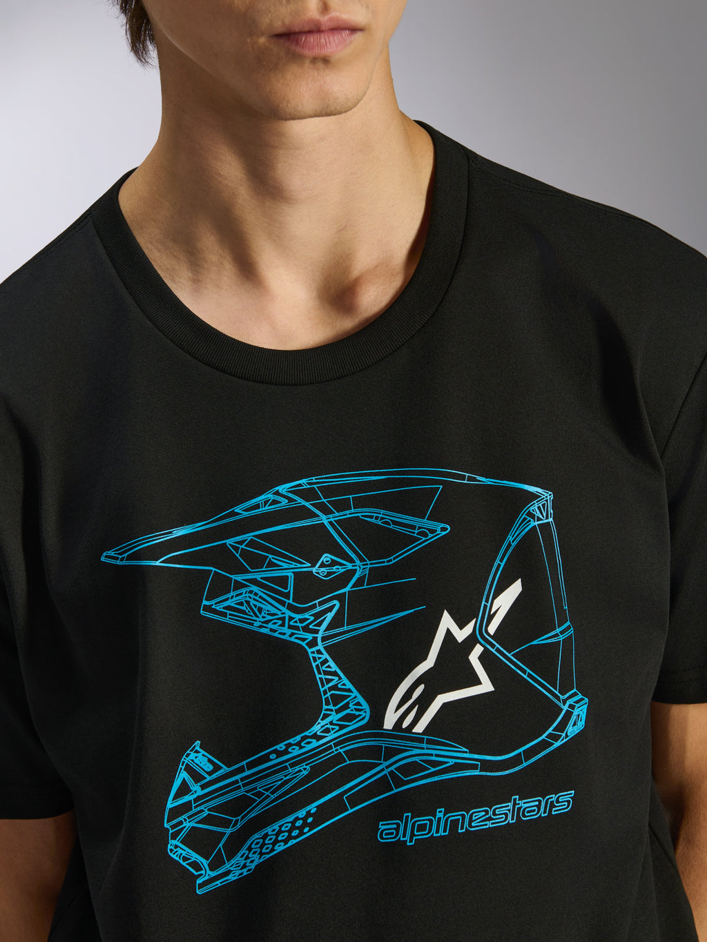 T-shirt Alpinestars CSF, t-shirt à manches courtes, noir, graphisme de casque de motocross bleu avec logo étoile blanc, streetwear décontracté inspiré du sport automobile