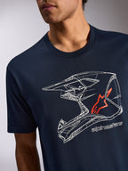 Alpinestars MX Helmet CSF Tee, T-shirt met korte mouwen, marineblauw, witte motocrosshelm-grafiek met rood ster-logo, casual motorsportkleding