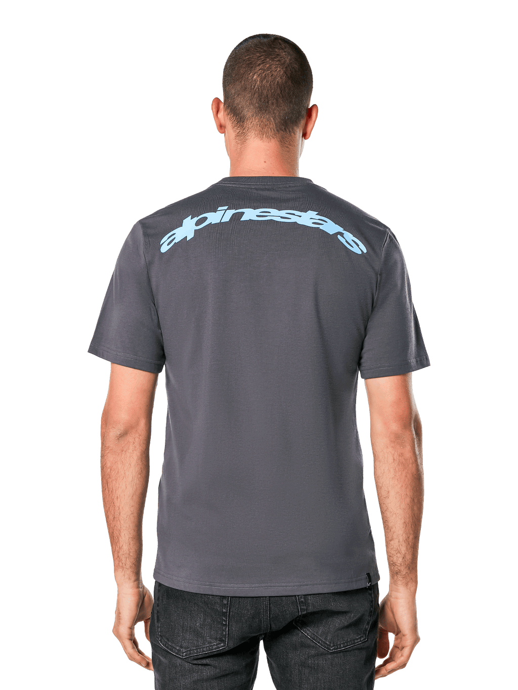Alpinestars Horizon CSF T-Shirt, Kurzarm-T-Shirt, Anthrazit, Rückansicht mit einem hellblauen Alpinestars-Bogenschriftzug, Freizeit-Sportbekleidung