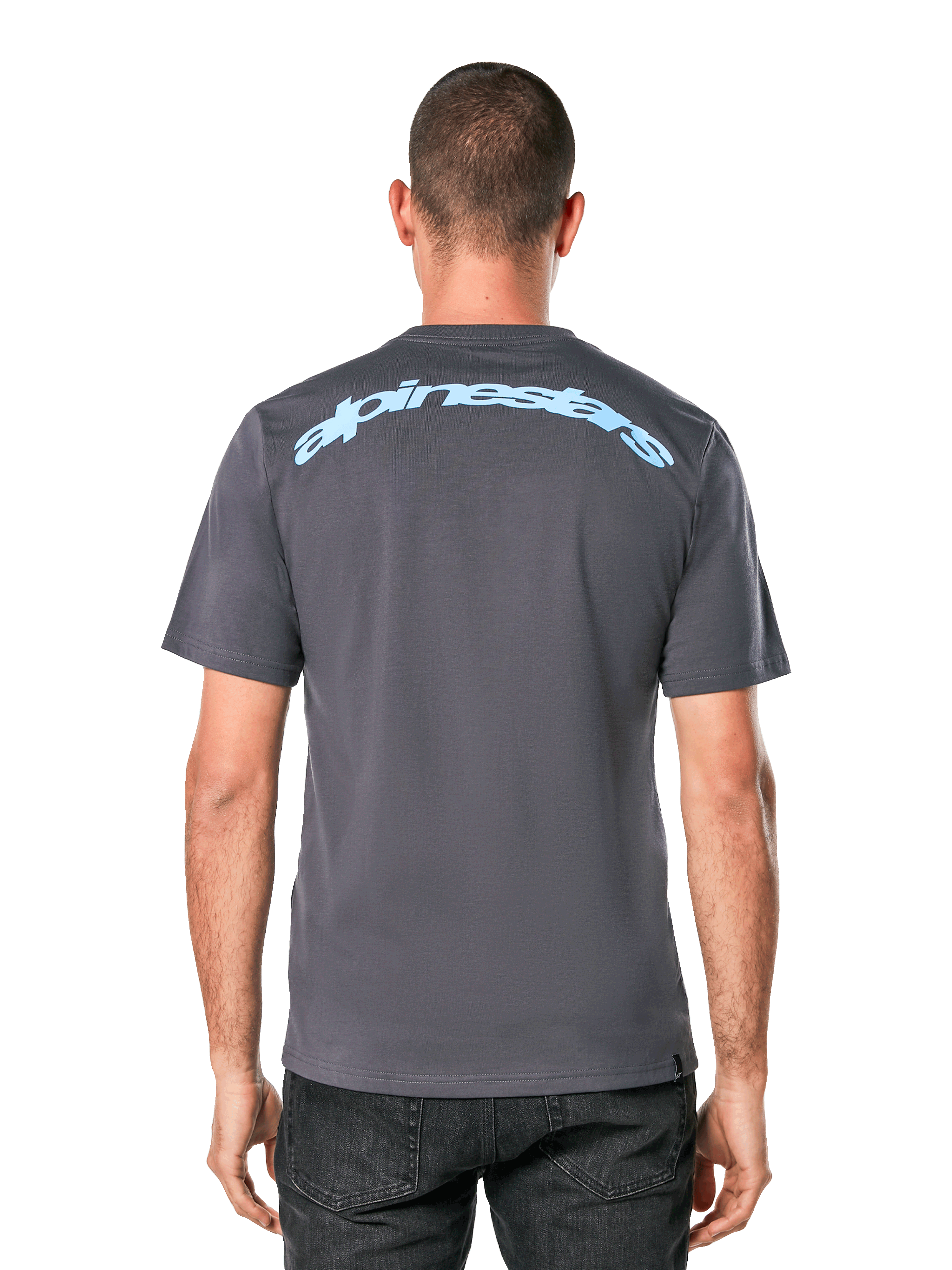 Alpinestars Horizon CSF T-Shirt, Kurzarm-T-Shirt, Anthrazit, Rückansicht mit einem hellblauen Alpinestars-Bogenschriftzug, Freizeit-Sportbekleidung