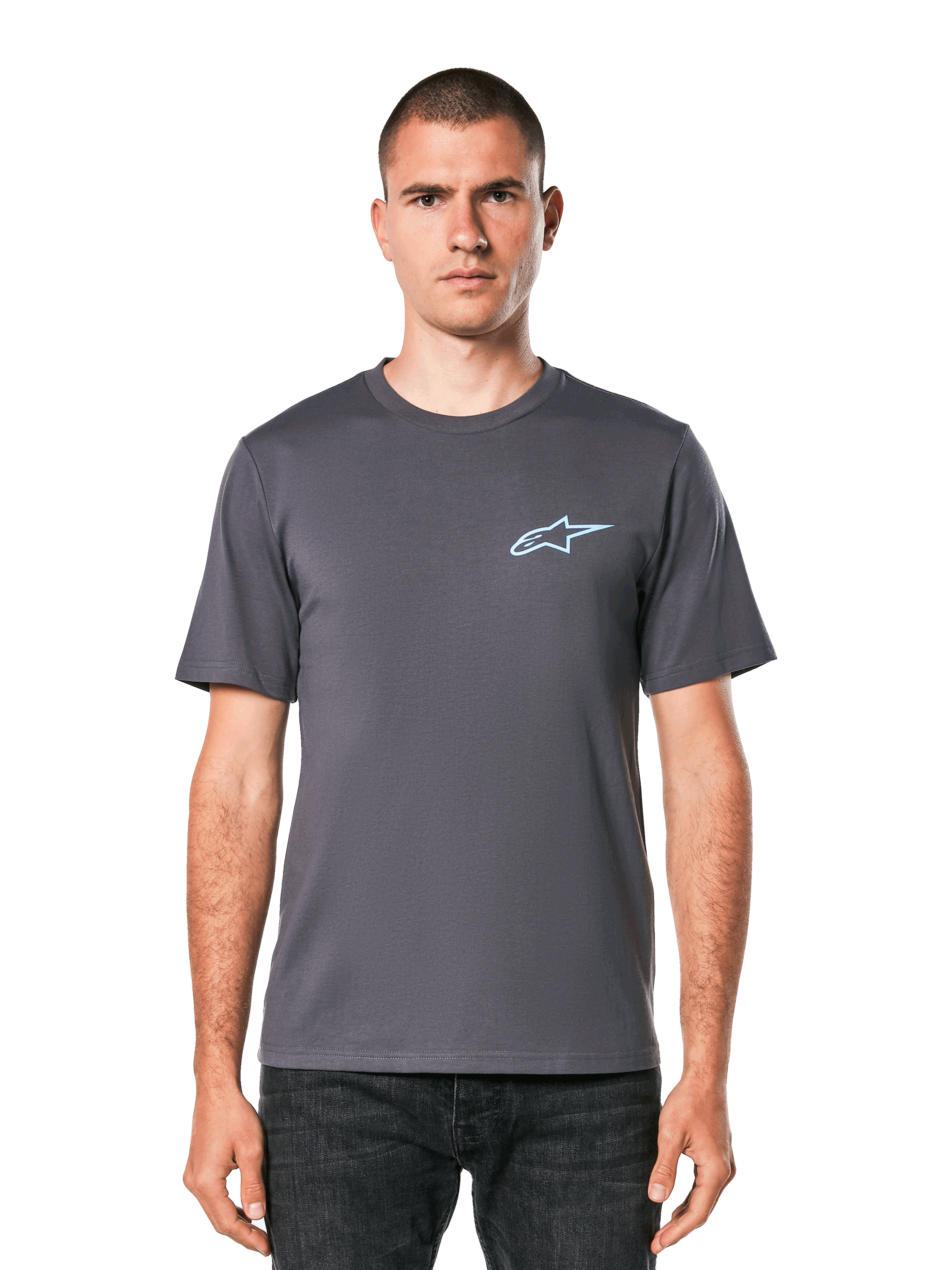 Alpinestars Horizon CSF Tee, Kurzarm-T-Shirt, Charcoal, Hellblaues Ageless-Logo auf der Brust, Lässige Motorsport-Streetwear