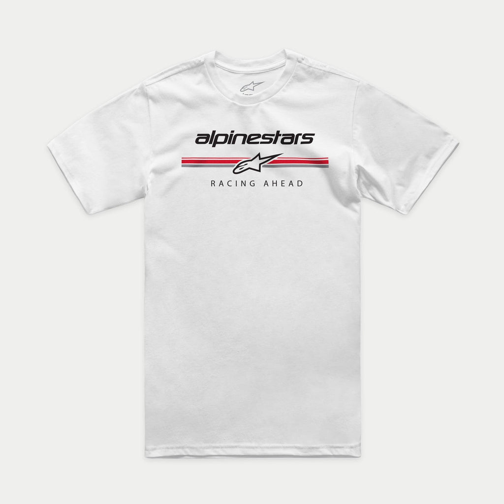 Alpinestars Betteryet CSF Tee, T-shirt met korte mouwen, wit, logo in paddock-stijl op de borst met rode en grijze strepen en de tekst 'Racing Ahead', casual motorsport sportkleding