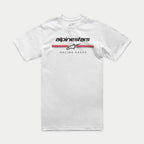 Alpinestars Betteryet CSF Tee, T-shirt met korte mouwen, wit, logo in paddock-stijl op de borst met rode en grijze strepen en de tekst 'Racing Ahead', casual motorsport sportkleding