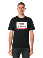 Alpinestars Cali 2.0 CSF Tee, Short Sleeve T-Shirt, Black, featuring a front Cali 2.0 graphic with a brown bear and Alpinestars California branding, casual motorsport streetwear