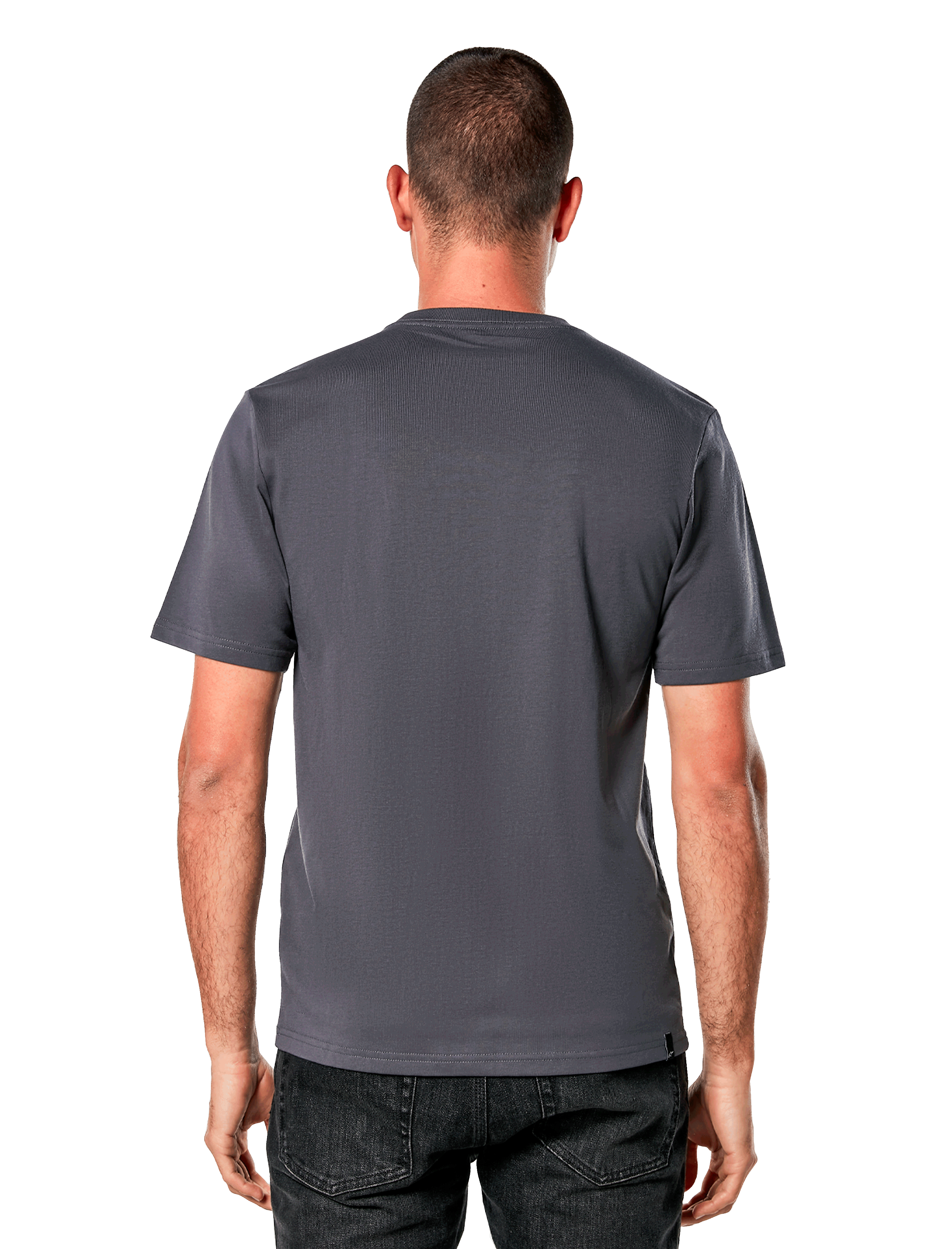 T-shirt Alpinestars Galun CSF, t-shirt à manches courtes, gris anthracite, vue arrière unie, porté avec un jean noir, style streetwear décontracté motorsport