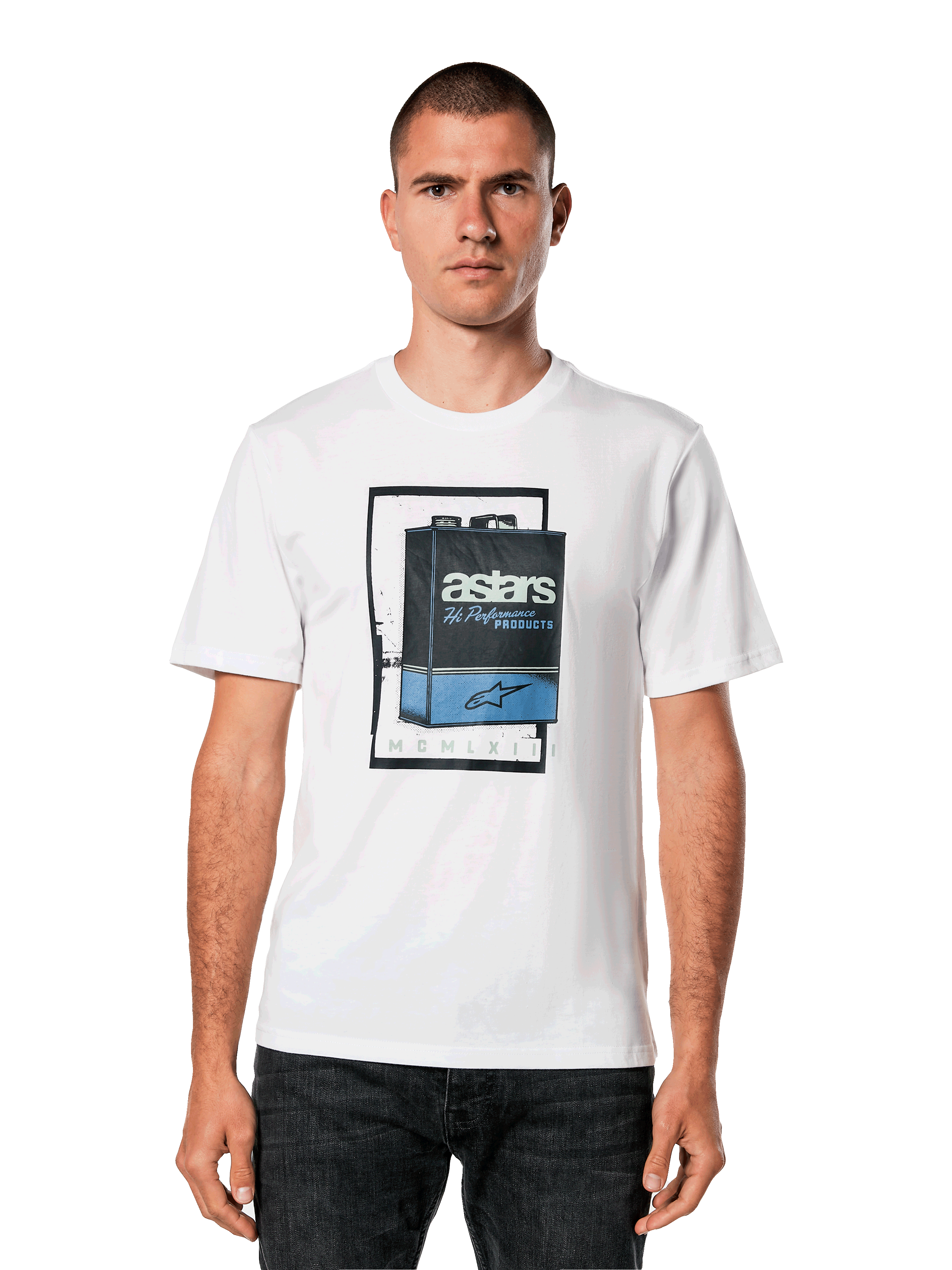 Alpinestars Galun CSF Tee, weißes Kurzarm-T-Shirt, blau-schwarze Vintage-Benzinkanister-Grafik mit Astars Logo und römischen Zahlen MCMLXIII, Casual Motorsport Streetwear