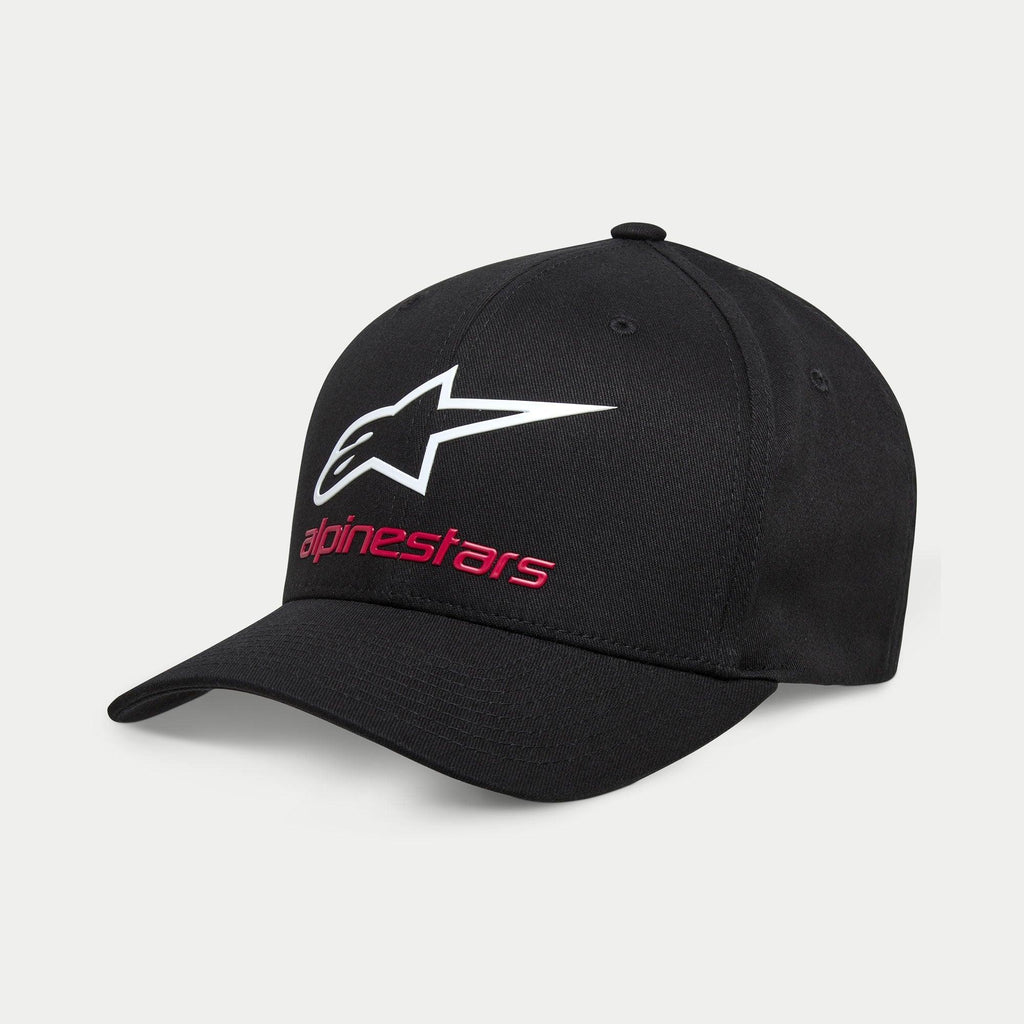 Alpinestars Always 2.0 pet, zwarte baseballpet met een wit Astars-logo en rode Alpinestars-tekst, gestructureerde kroon met een gebogen klep, stretch keperstof casual sportkleding