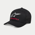 Alpinestars Always 2.0 pet, zwarte baseballpet met een wit Astars-logo en rode Alpinestars-tekst, gestructureerde kroon met een gebogen klep, stretch keperstof casual sportkleding