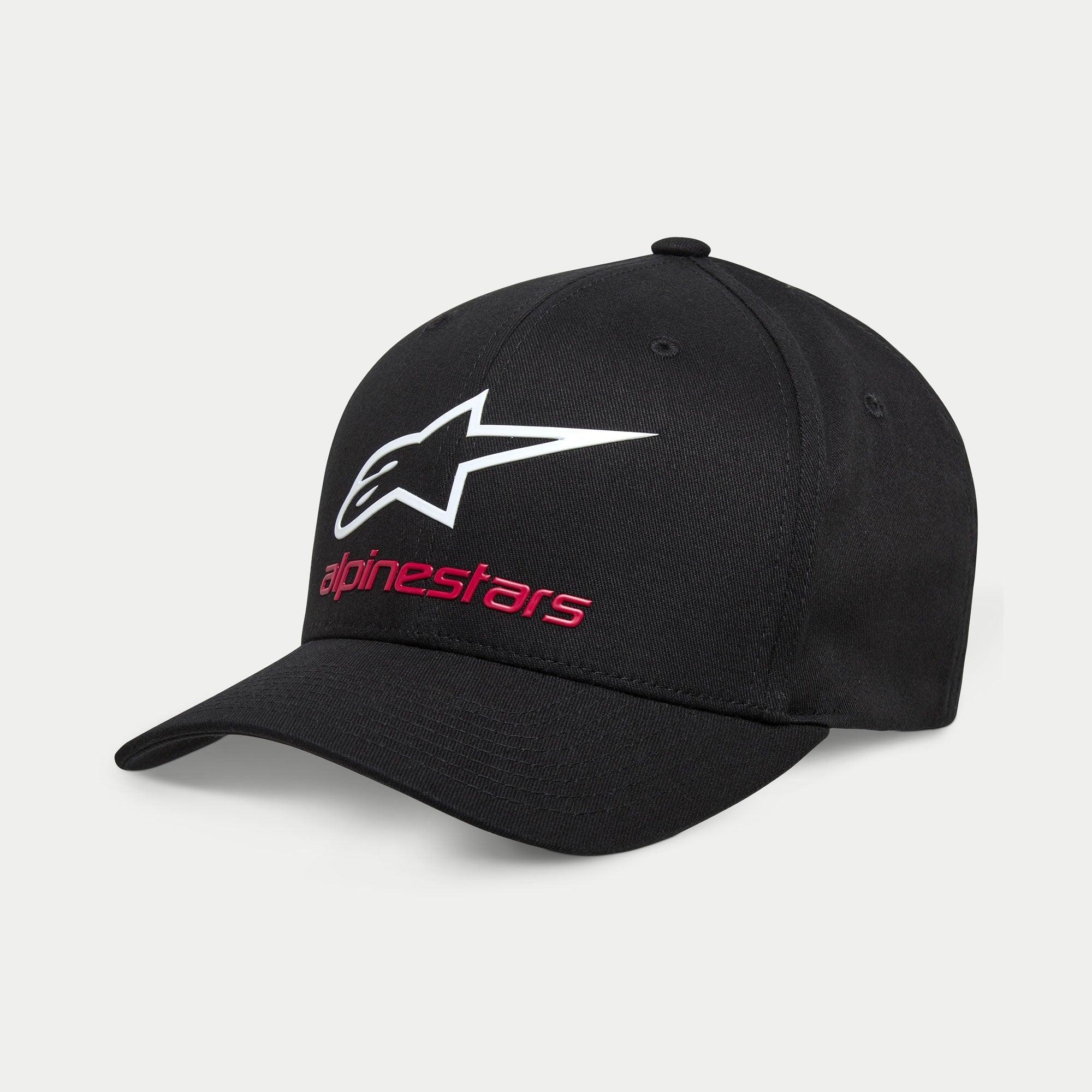 Alpinestars Always 2.0 pet, zwarte baseballpet met een wit Astars-logo en rode Alpinestars-tekst, gestructureerde kroon met een gebogen klep, stretch keperstof casual sportkleding