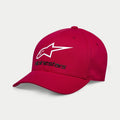 Alpinestars Always 2.0 pet, sportswear pet, rood, witte omlijning van het sterlogo met zwarte Alpinestars-tekst, gebogen klep met gestructureerde kroon, casual motorsport streetwear