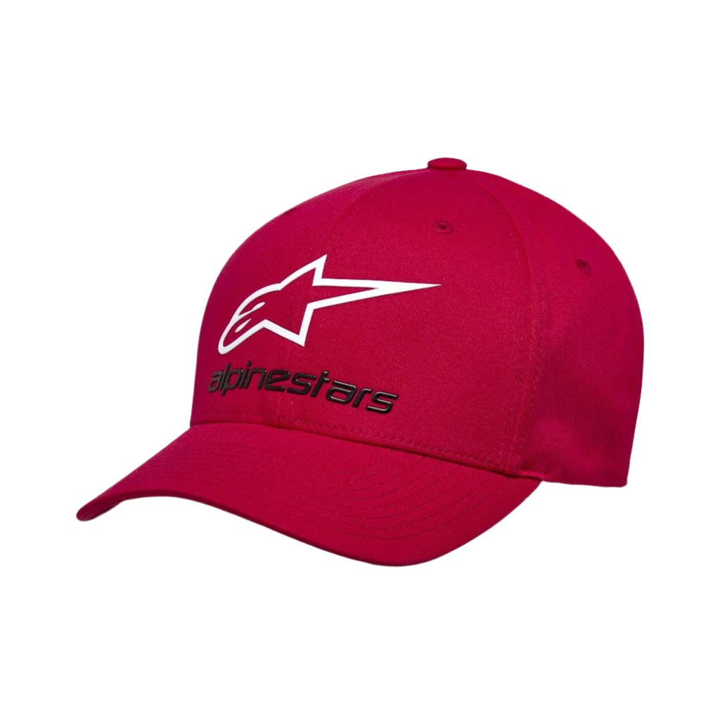 Alpinestars Always 2.0 pet, baseballpet, rood, wit ster-logo en zwarte Alpinestars-tekst, gebogen klep, gestructureerde kroon, casual motorsport-geïnspireerde streetwear