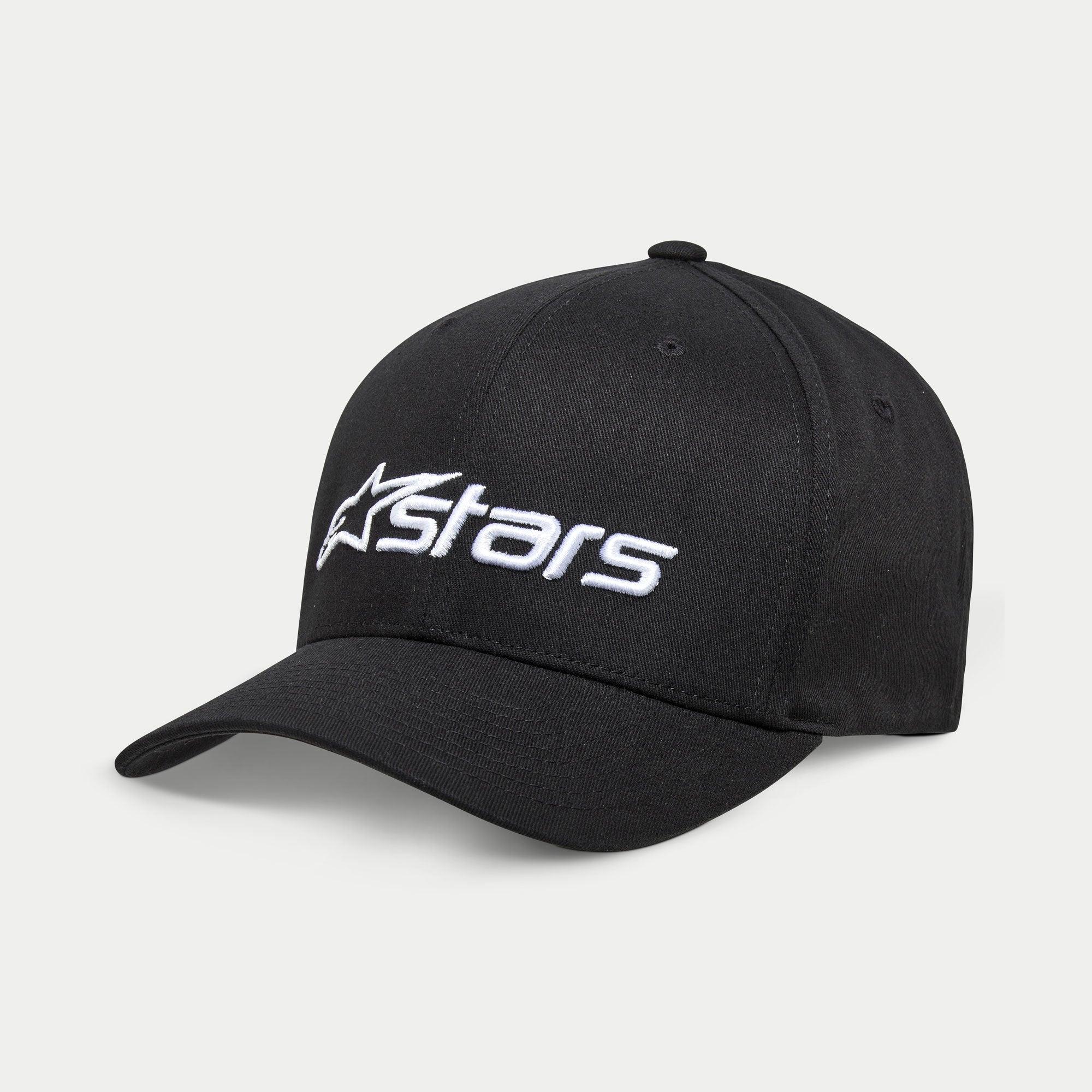 Alpinestars Blaze 2.0 Hat, black baseball cap, featuring a curved bill and structured crown, white textured Astars logo on the front, casual sportswear headwear