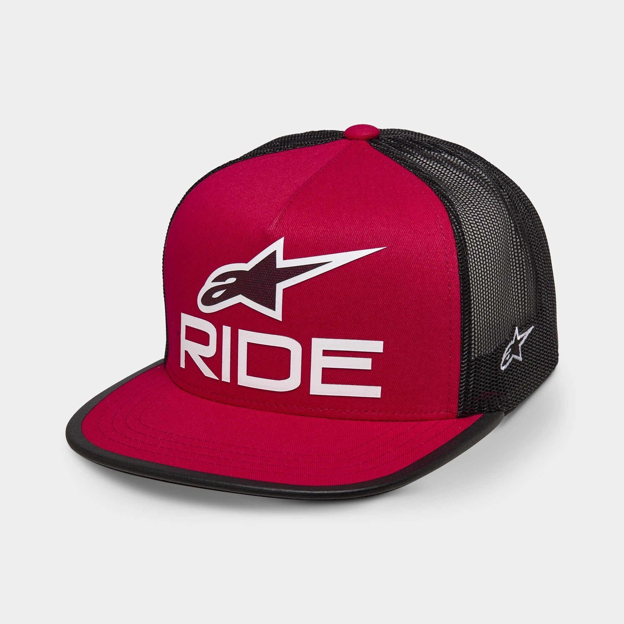 Alpinestars Ride 4.0 Trucker Hat, Red and Black, flat bill with structured crown, white 3D printed Ride logo and Alpinestars A-star on the front, black mesh back with white side logo embroidery, casual streetwear style