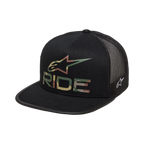 Alpinestars Ride 4.0 Camo Trucker Mütze, Schwarz, mit Alpinestars-Logo im Camouflage-Design und RIDE-Schriftzug auf der Vorderseite, flacher Schirm, strukturierte Krone, schwarze Mesh-Rückseite für Atmungsaktivität, lässiges, vom Motorsport inspiriertes Design