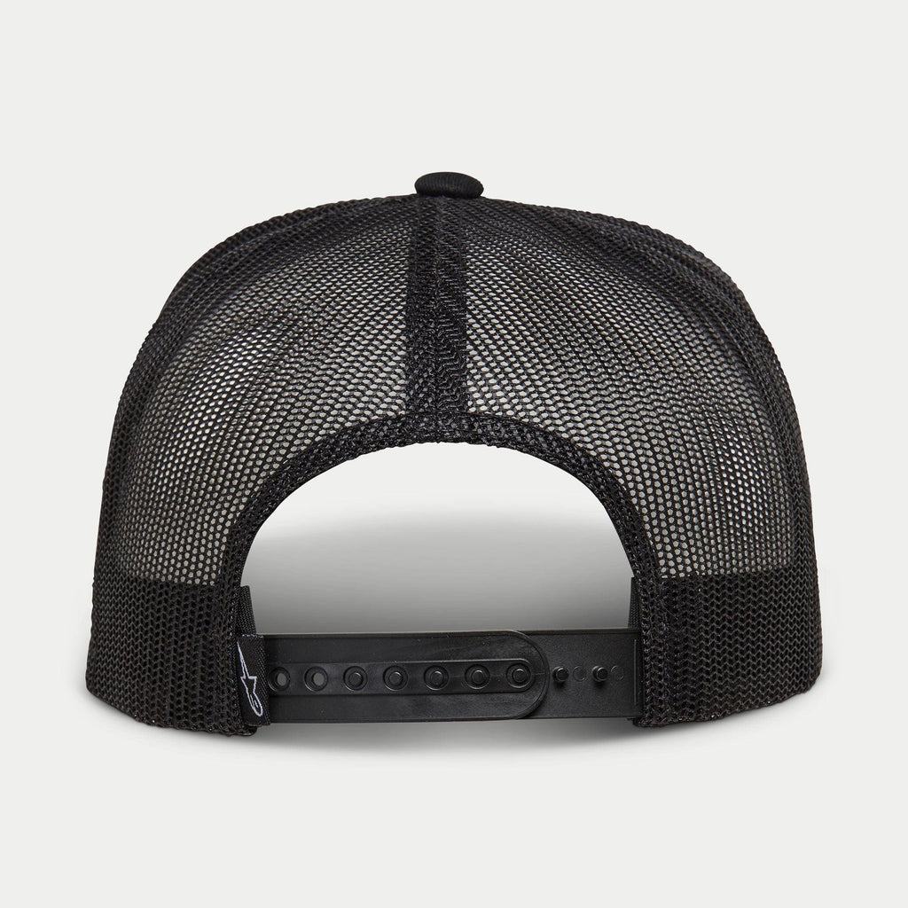 Alpinestars Ride 4.0 Camo Trucker Mütze, Schwarz, Rückansicht mit atmungsaktivem Mesh und verstellbarem Snapback-Verschluss aus Kunststoff mit kleinem Logo-Etikett, lässige, vom Motorsport inspirierte Kopfbedeckung.