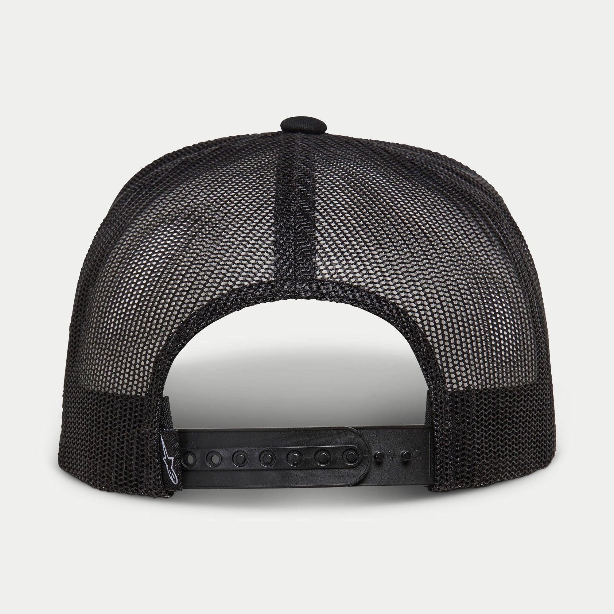 Alpinestars Ride 4.0 Camo Trucker Mütze, Schwarz, Rückansicht mit atmungsaktivem Mesh und verstellbarem Snapback-Verschluss aus Kunststoff mit kleinem Logo-Etikett, lässige, vom Motorsport inspirierte Kopfbedeckung.