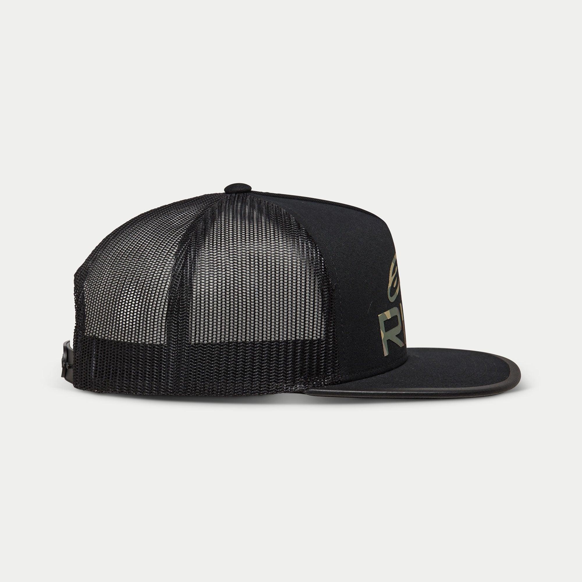 Alpinestars Ride 4.0 Camo Trucker Mütze, Schwarz, Seitenansicht mit atmungsaktivem Mesh-Rücken und flachem Schirm, Twill-Front mit Camo-Logo-Print, verstellbarer Snapback-Verschluss, lässige Motorsport-Kopfbedeckung